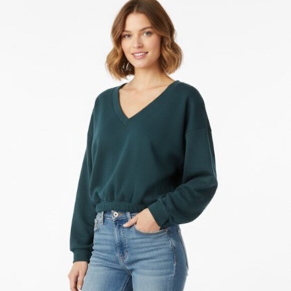 Boohoo Sweatshirt Teal V Neck Oversized Fleece Crop Top Sweater NWT Size 18 - Picture 1 of 6